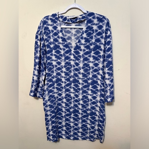 & Other Stories Knee‎ Length V Neck Blue White Tie Dye Dress Size 4 - Picture 3 of 8